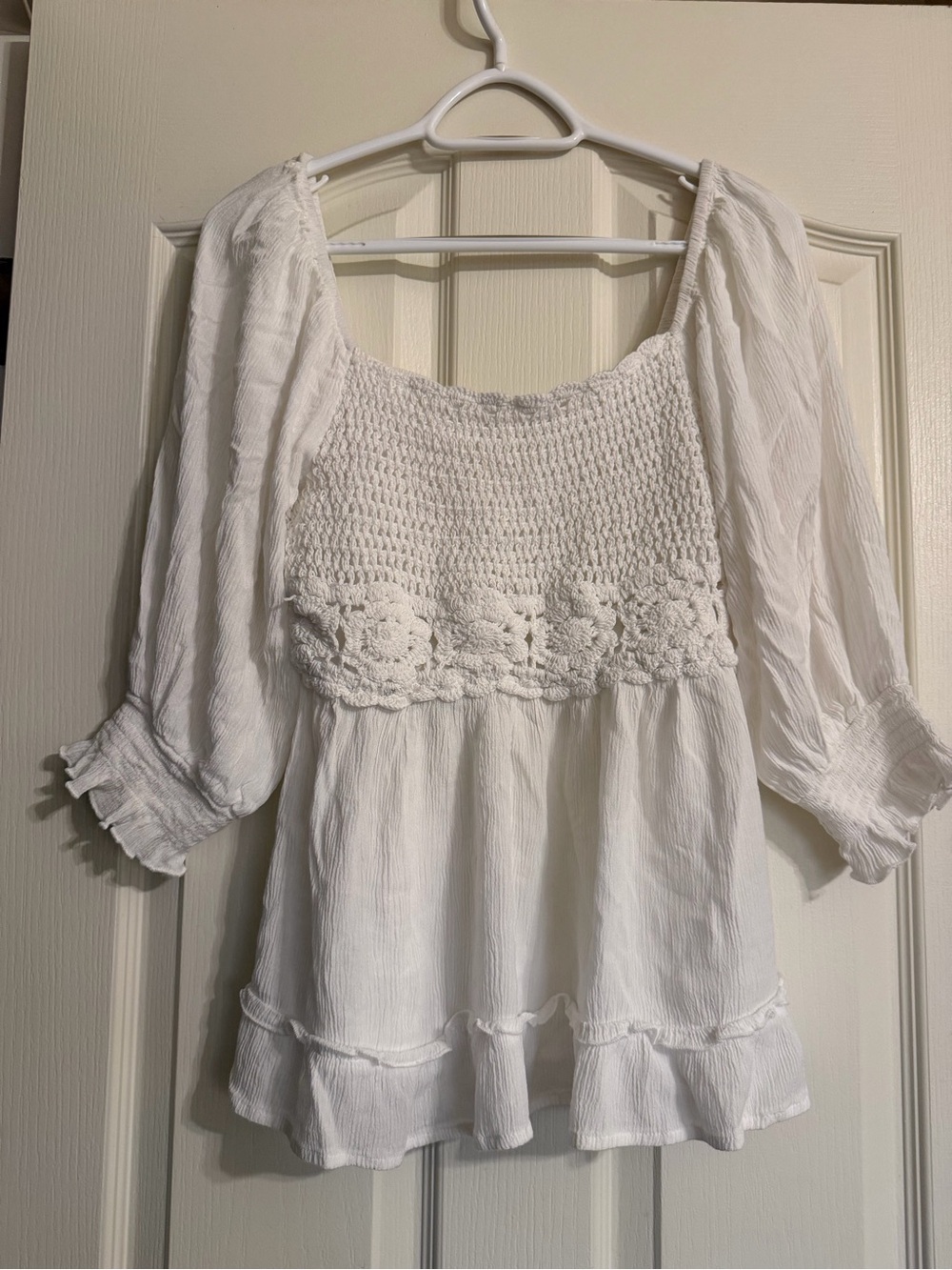 Boho White Crochet Smocked Tunic Top